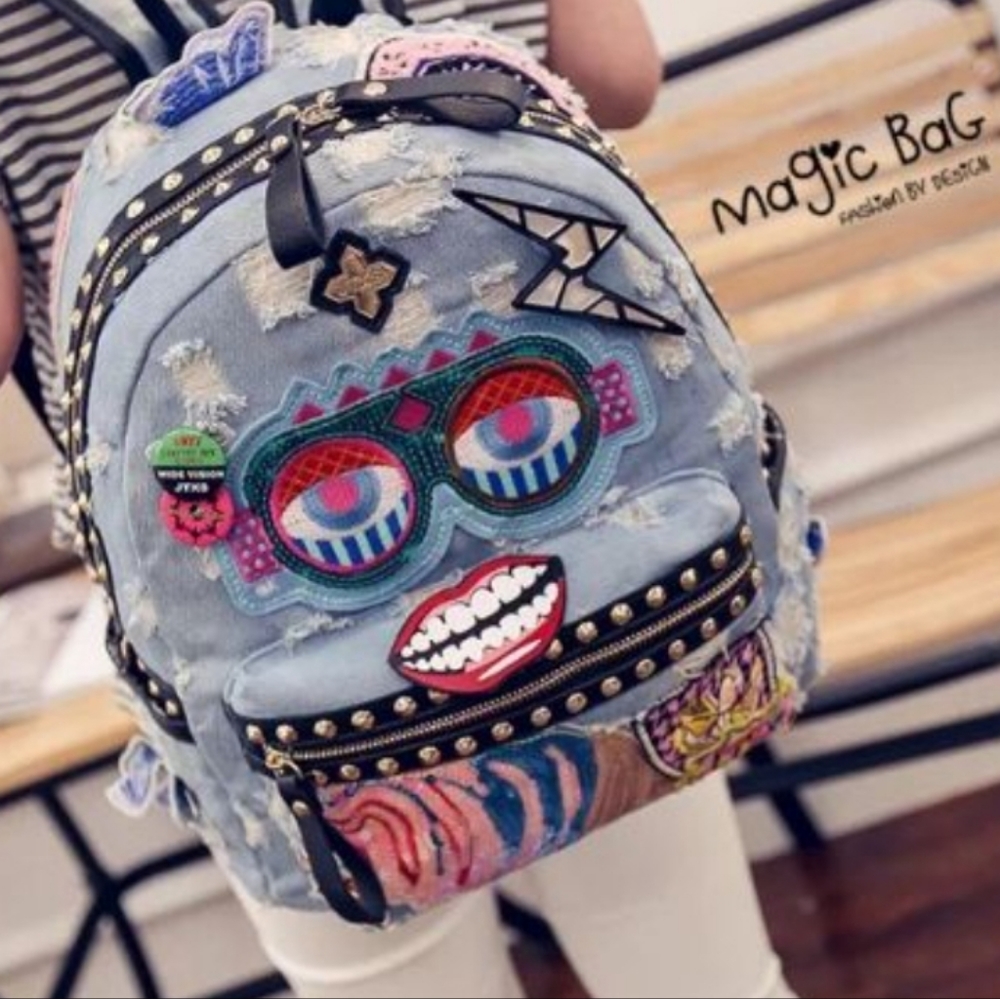 Authentic washed denim canvas backpack rivet tide